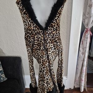 Chic Leopard Print Hooded Halloween Costume with Black Fur,  Leg Cuffs Incl.